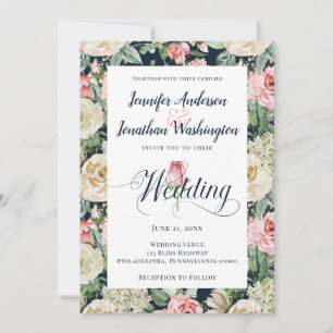 Victorian Rose Watercolor Floral Pattern Wedding Announcement