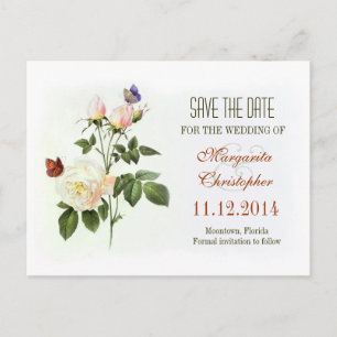 victorian rose white save the date postcards