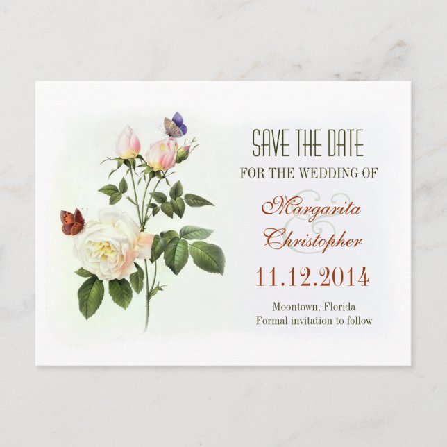 victorian rose white save the date postcards (Front)