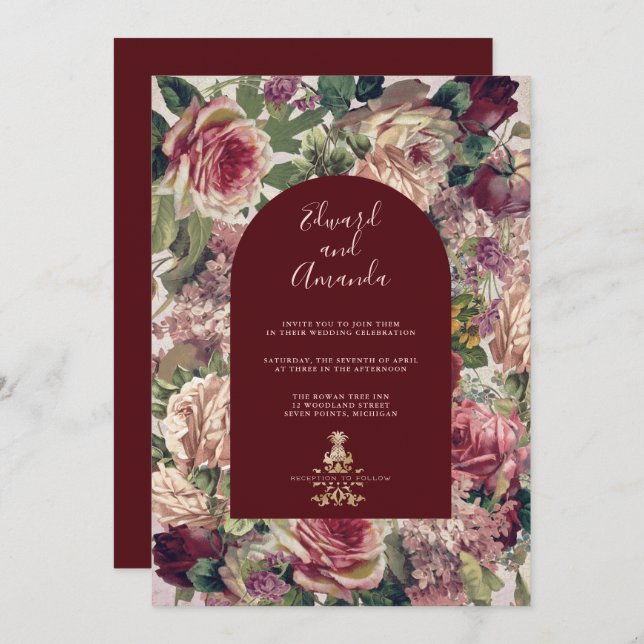 Victorian Roses and Burgundy Arch Invitation (Front/Back)