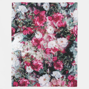 Victorian Roses Floral pink mauve white black Fleece Blanket