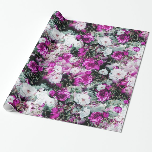 Victorian Roses Floral pink purple white black Wrapping Paper (Unrolled)
