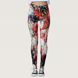 Victorian Roses Floral red white black yoga Leggings