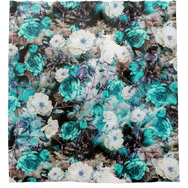Victorian Roses Floral turquoise teal white black Shower Curtain (Front)