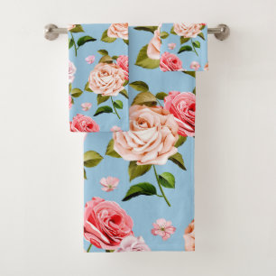 Victorian Roses on a Blue Background Bath Towel Set