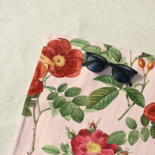 Victorian Roses Pink Stripe Background Beach Towel