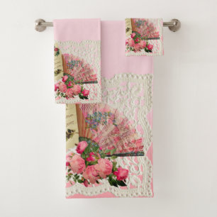 Victorian Roses, Postcard And Antique Fan Bath Towel Set