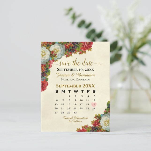 Victorian Roses Wedding Save the Date Calendar Announcement Postcard (Standing Front)