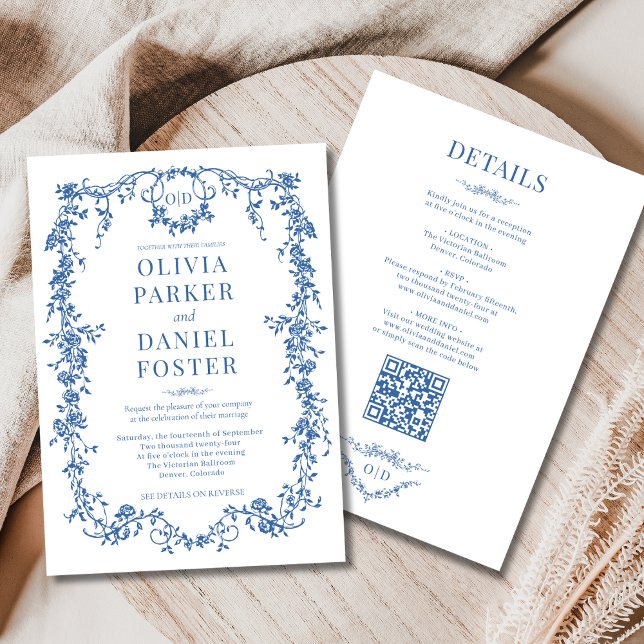 Victorian Royal Blue All in One Wedding Monogram Invitation (Creator Uploaded)