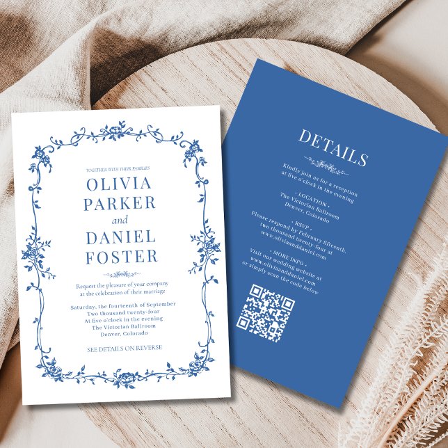 Victorian Royal Blue French All in One Wedding  Invitation (Creator Uploaded)