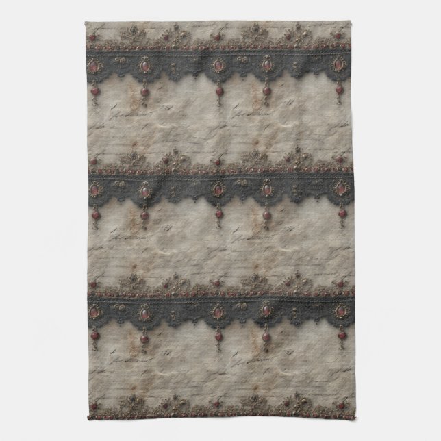 Victorian Ruby Lace Gothic Pattern (1) Tea Towel (Vertical)