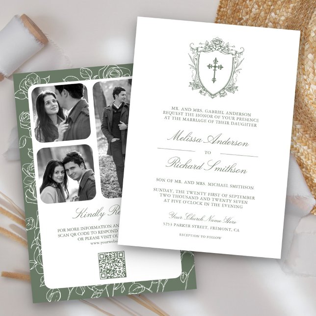Victorian Sage Green Catholic QR Code Wedding Invitation (Creator Uploaded)