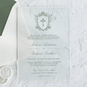 Victorian Sage Green Catholic Wedding Acrylic Invitations