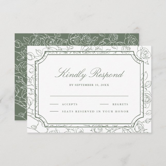 Victorian Sage Green Floral Line Art Wedding RSVP Card (Front/Back)