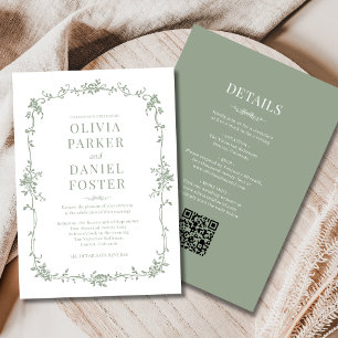 Victorian Sage Green French All in One Wedding  Invitation