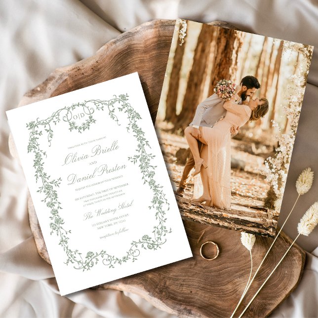 Victorian Sage Green Photo Monogram Wedding  Invitation (Creator Uploaded)