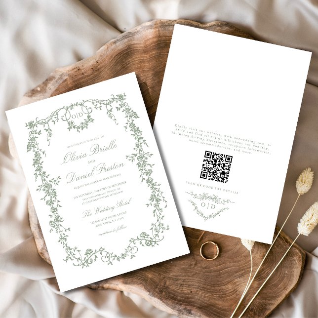 Victorian Sage Green QR Code Floral Wedding Invitation (Creator Uploaded)