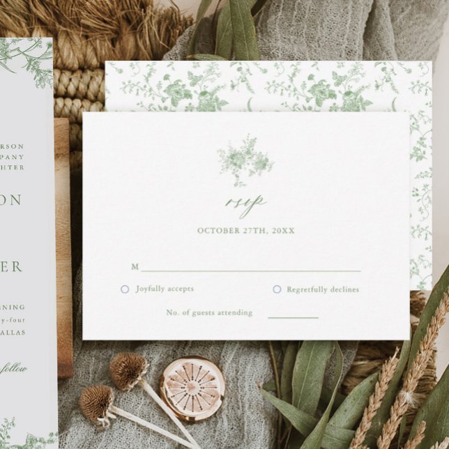 Victorian Sage Green Toile Wedding RSVP Card (Creator Uploaded)