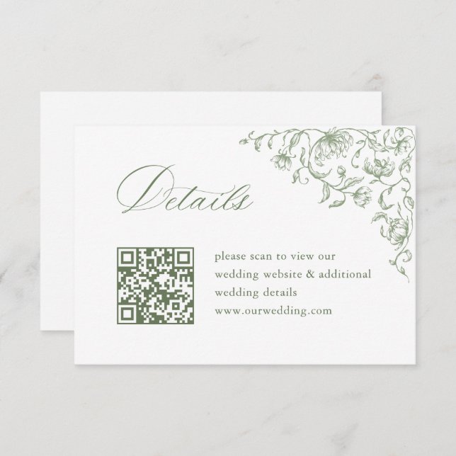 Victorian Sage Green Wedding QR code Details Enclosure Card (Front/Back)