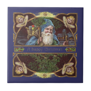 Victorian Santa Angels Blue Christmas Vintage Art Ceramic Tile