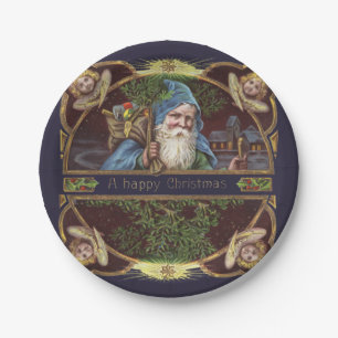 Victorian Santa Angels Blue Christmas Vintage Art Paper Plate