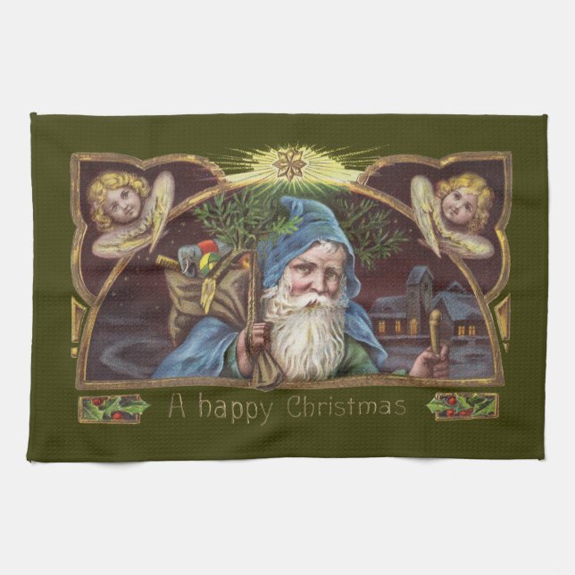 Victorian Santa Angels Christmas Antique Tea Towel (Horizontal)