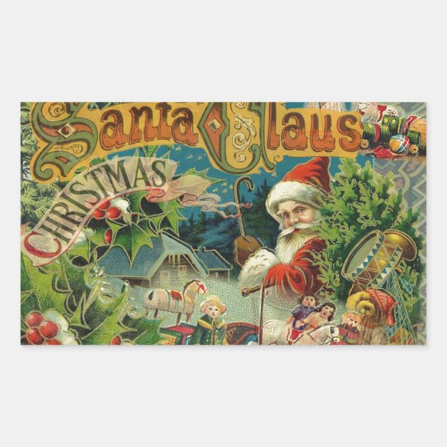 Victorian Santa Claus Christmas Collage Antique  Rectangular Sticker (Front)