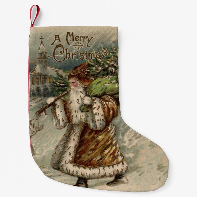 Victorian Santa Claus Christmas Tree Small Christmas Stocking (Front)