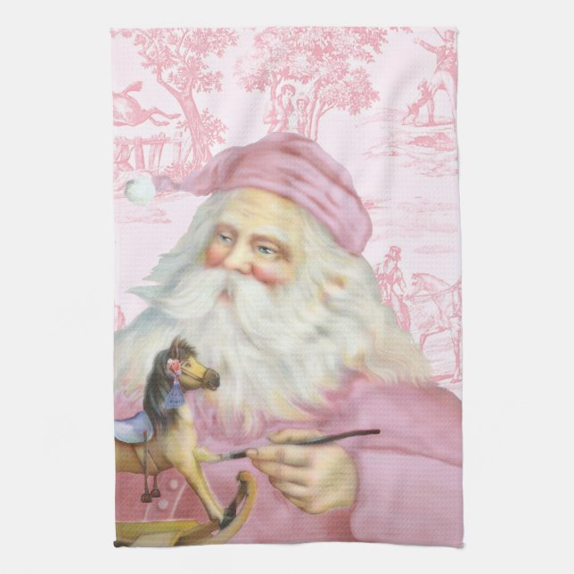 Victorian Santa Claus in Pink Toile de Juoy Tea Towel (Vertical)