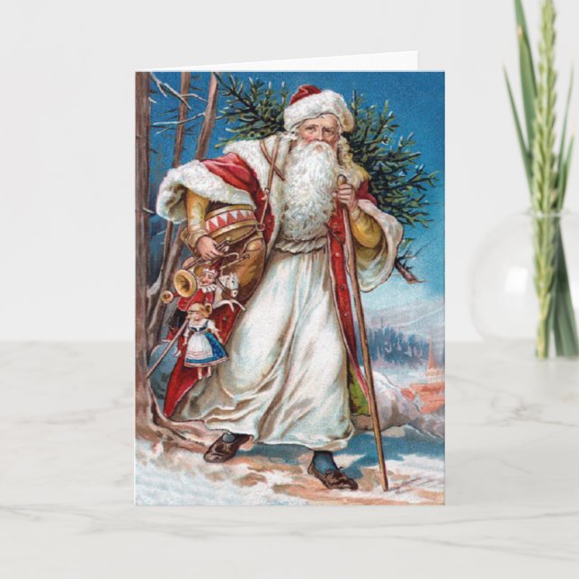 Victorian Santa Claus in Red Velvet and White Fur Holiday Card (Front)