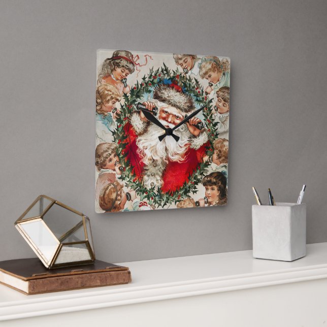 Victorian Santa Claus on Telephone with Children Square Wall Clock (Office)