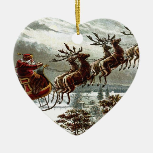 Victorian | Santa Claus Reindeer and Sleigh Ceramic Ornament (Front)