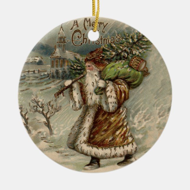 Victorian Santa Claus With Christmas Tree Ceramic Ornament (Front)