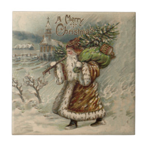Victorian Santa Claus With Christmas Tree Ceramic Tile