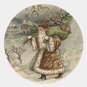 Victorian Santa Claus With Christmas Tree Classic Round Sticker