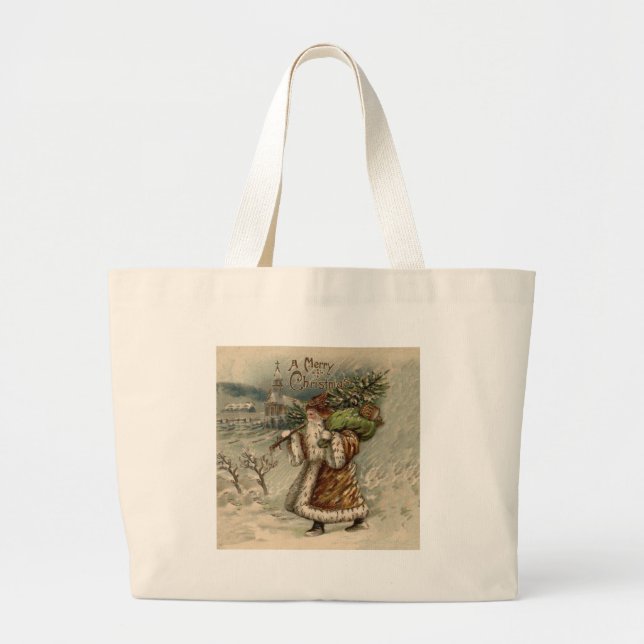 Victorian Santa Claus With Christmas Tree Large Tote Bag (Front)