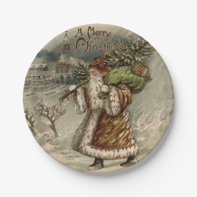 Victorian Santa Claus With Christmas Tree Paper Plate (Front)