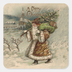 Victorian Santa Claus With Christmas Tree Square Sticker