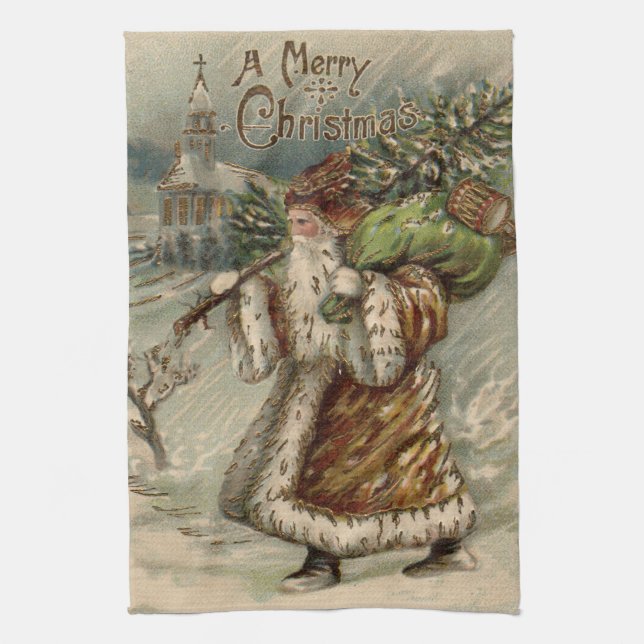 Victorian Santa Claus With Christmas Tree Tea Towel (Vertical)