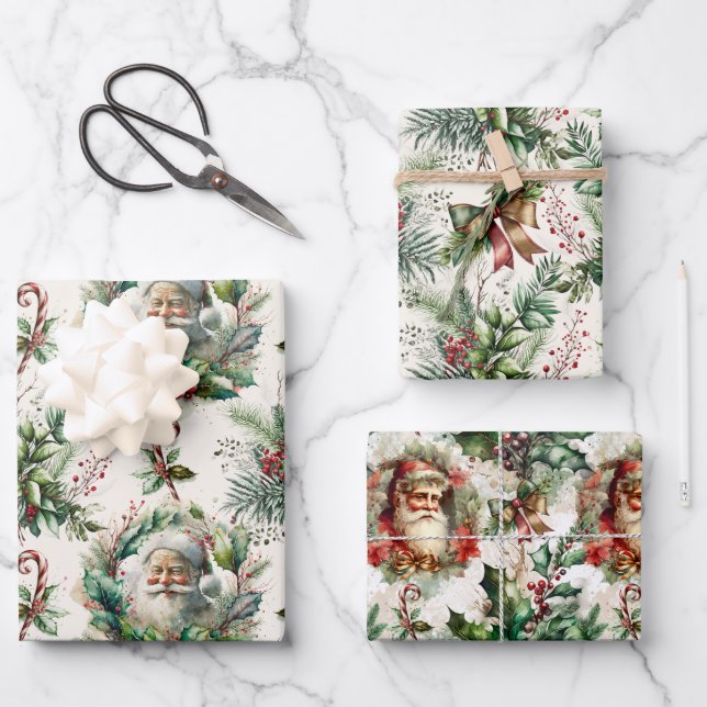 Victorian Santa Claus with Holly Wrapping Paper Sheet (Front)