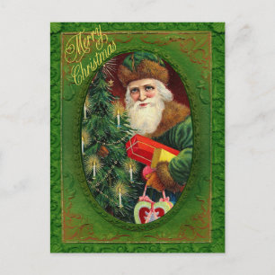 Victorian Santa with Christmas Tree Green  Holiday Postcard