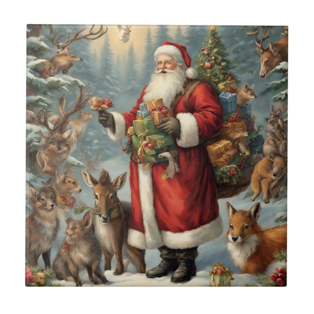 Victorian Santa with Present and Forest Animals  Ceramic Tile (Front)