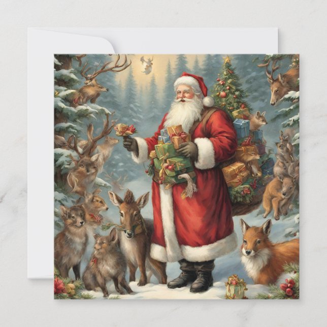 Victorian Santa with Present and Forest Animals  Holiday Card (Front)