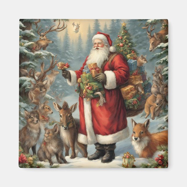 Victorian Santa with Present and Forest Animals  Magnet (Front)