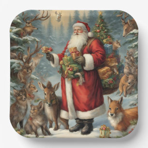 Victorian Santa with Present and Forest Animals  Paper Plate