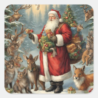 Victorian Santa with Present and Forest Animals Square Sticker