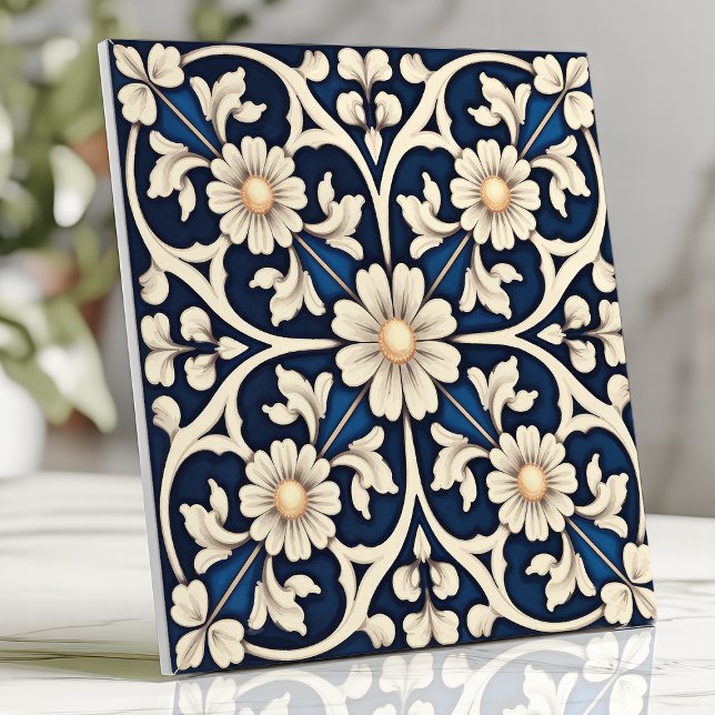 Victorian Sapphire Blue and Ivory Daisy Ceramic Tile (Creator Uploaded)