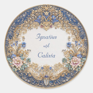 Victorian Sapphire Gold Pink Floral Wedding Classic Round Sticker