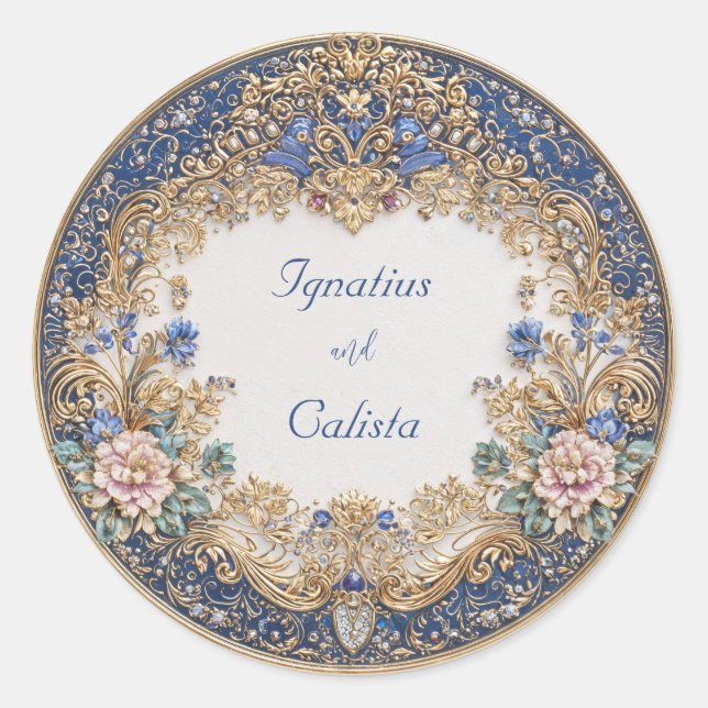 Victorian Sapphire Gold Pink Floral Wedding Classic Round Sticker (Front)