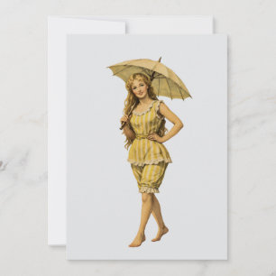 Victorian Seaside Girl with Parasol Yellow Stripes Card